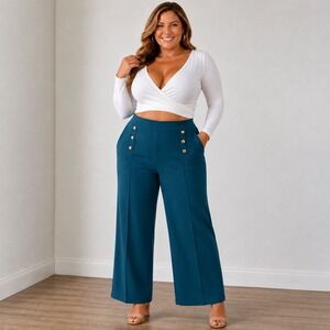 Teal Wide Leg Pull-On Pants Silver Button Detail High Rise 2XL